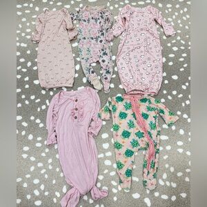 Lot of 5 newborn baby gown knotted tie footies zippy bamboo girl floral rainbow